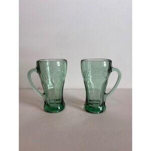 Coca Cola Green Glass Mugs Set of 2 Vintage Embossed Logo Handle Mug